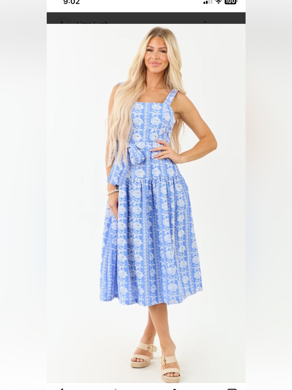 Light Blue Floral Print Midi Dress with Tie Waist